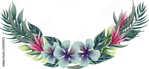 half round floral wreath with tropical plants