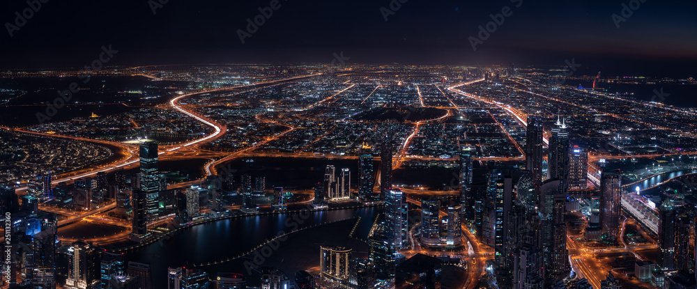 Bird view of Dubai skyline at magic hour