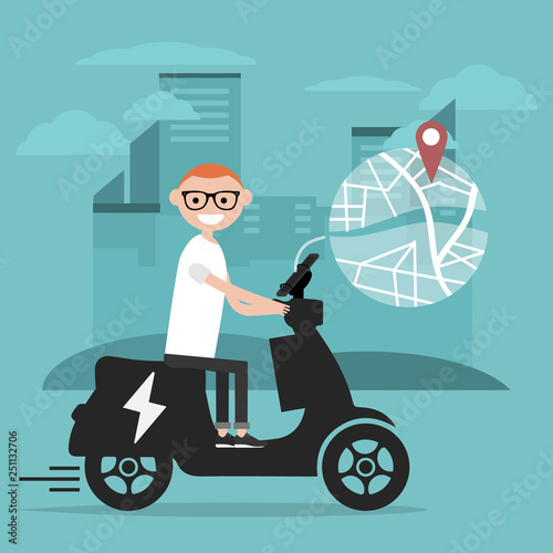 Young character riding an electric scooter and using a navigational app. Map and geo tag on city background.Flat cartoon design.Clip art