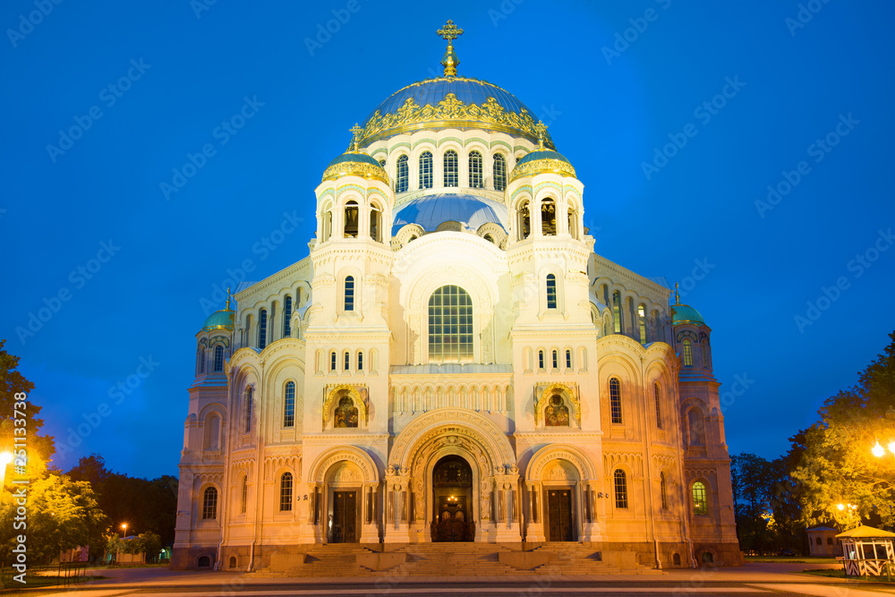 The  old St. Nicholas Wonderworker Naval Cathedral in the night illumination close-up. Kronstadt, Russia