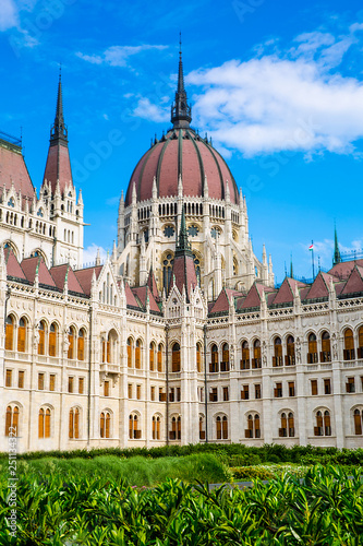 Gothic building of Parliament in Budapest, Hungary. Bright blue summer sky. 