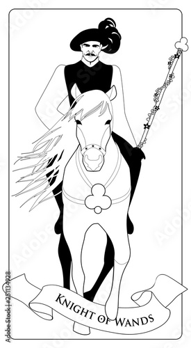 Outlines Page or knave of Wands with top hat, holding a rod surrounded by a garland of leaves and flowers. Minor arcana Tarot cards. Spanish playing cards coloring.