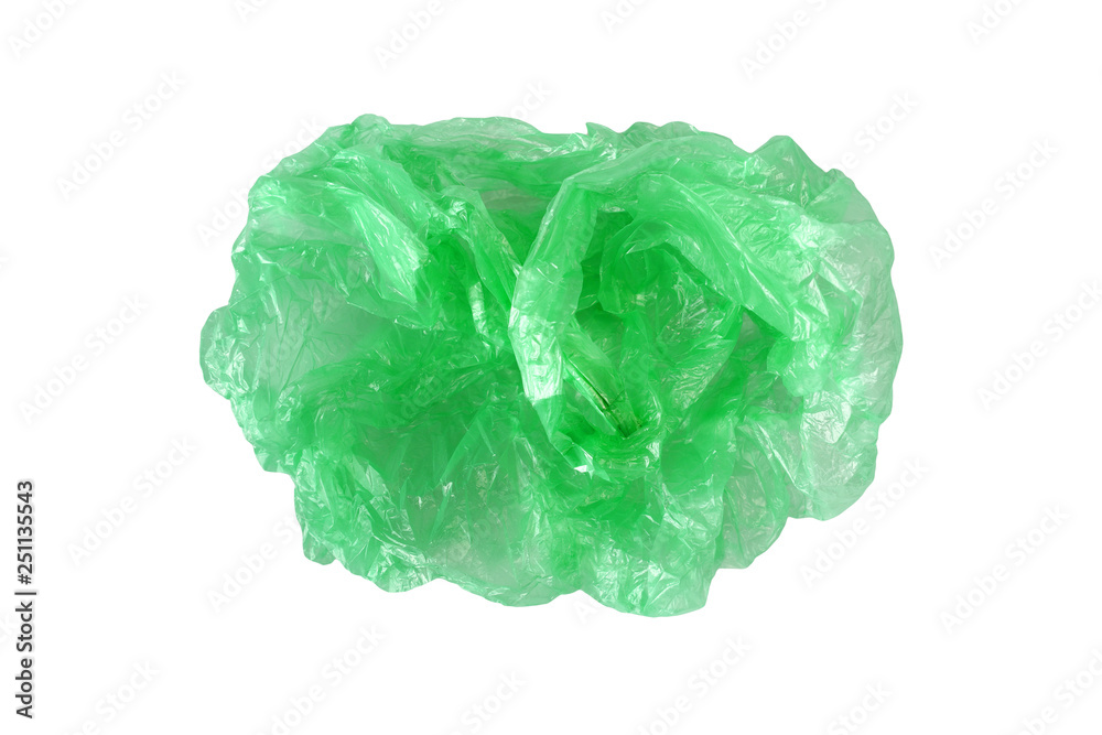 Fototapeta premium Green plastic crumpled bag isolated on white