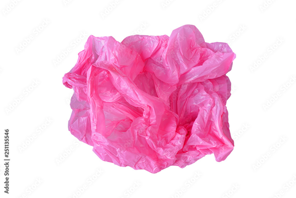 Pink plastic crumpled bag isolated on white