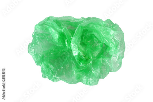 Green plastic crumpled bag isolated on white