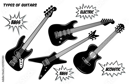 Electric, bass and acoustic guitar with 6 and 4 strings. Vector black and white silhouette illustration.