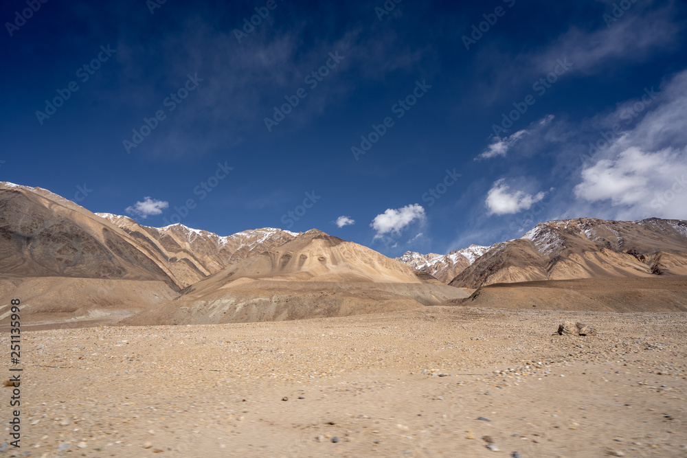 The landscape view of Leh geography. Mountain, Road, Sky and Snow. Leh, Ladakh, India.