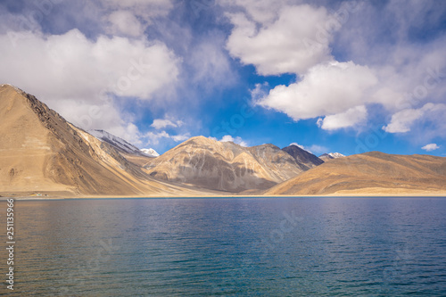 A view of Pangong Lake in Ladakh. Pangong lake or Pangong Tso It's one of the world's highest saltwater lakes.