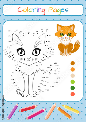Numbers game, education dot to dot game for children. Funny little cat. Coloring book. Cartoon vector illustration