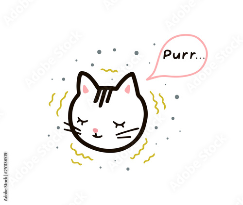 Dozing kitten in a linear style. Purr text in a speech bubble. Vector isolated illustration