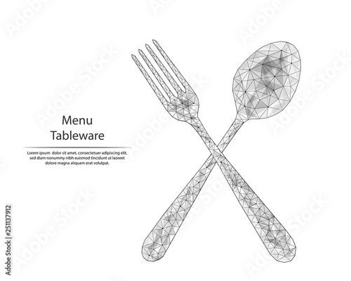 Abstract image spoons and forks in the form of lines and dots, consisting of triangles and geometric shapes. Low poly vector background.