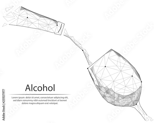 Abstract image bottle and wine glass in the form of lines and dots, consisting of triangles and geometric shapes. Low poly vector background.