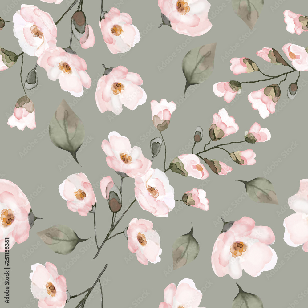 Seamless background with flowers and leaves. Floral pattern for Wallpaper,  paper and fabric. Watercolor hand drawing. Pink flowers on grey background.  Stock Illustration | Adobe Stock
