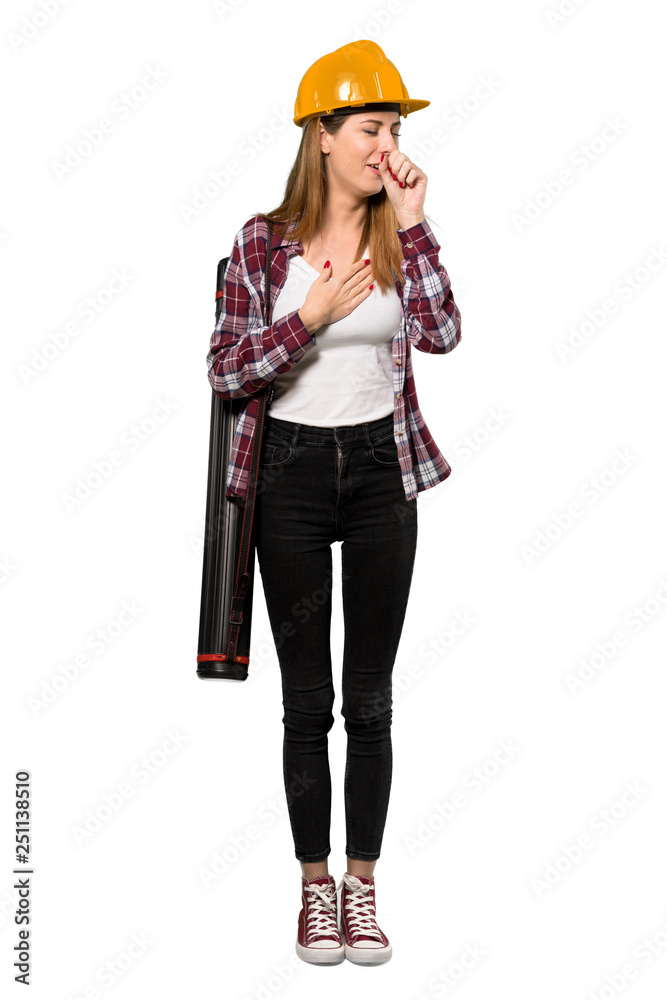 A full-length shot of a Architect woman is suffering with cough and feeling bad over isolated white background A full-length shot of a Architect woman is suffering with cough and feeling bad over isolated white background