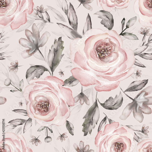 Seamless background with flowers and leaves. Floral pattern for Wallpaper, paper and fabric. Watercolor hand drawing. Vintage pink roses on white background.
