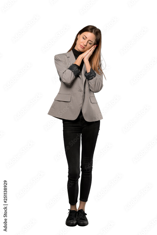 A full-length shot of a Business woman making sleep gesture in dorable expression over isolated white background A full-length shot of a Business woman making sleep gesture in dorable expression over isolated white background