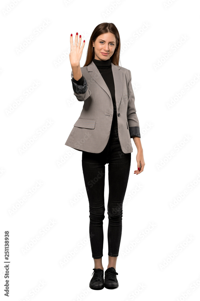 A full-length shot of a Business woman happy and counting four with fingers over isolated white background A full-length shot of a Business woman happy and counting four with fingers over isolated white background