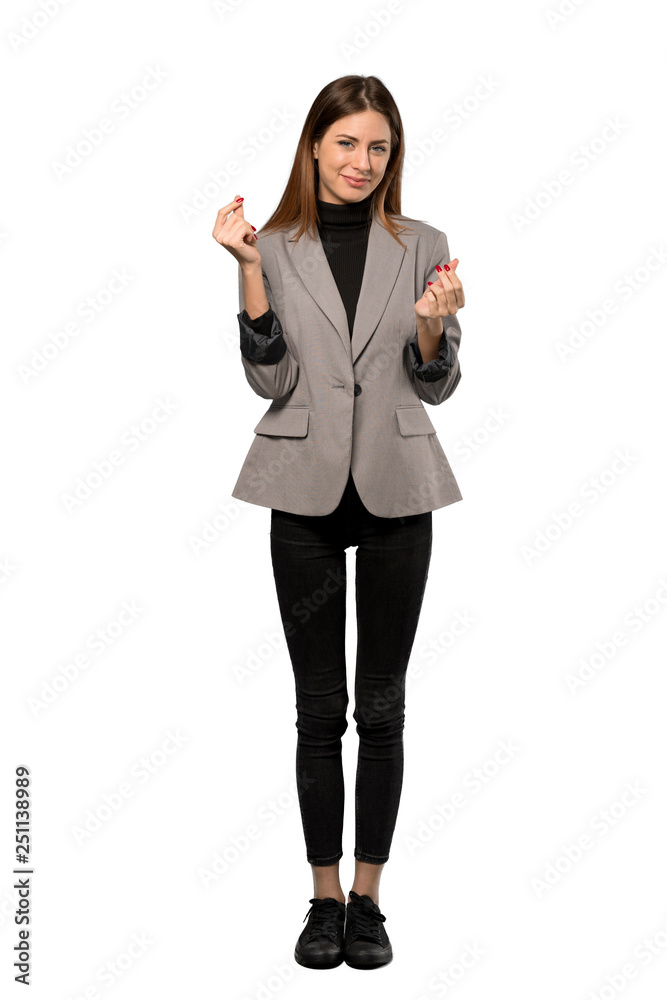 A full-length shot of a Business woman making money gesture over isolated white background A full-length shot of a Business woman making money gesture over isolated white background