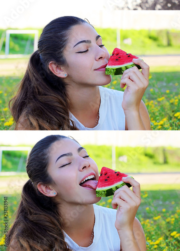 portrait of a girl with dark hair holds a juicy watermelon and licks it and enjoys, against the background of a green field