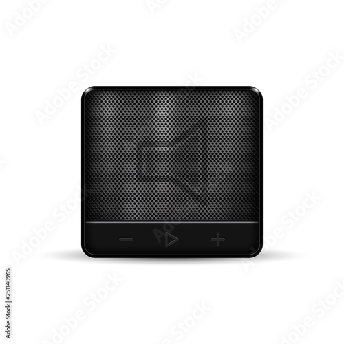 Black square portable wireless speaker on white background. Wireless mobile speaker system. Vector illustration.