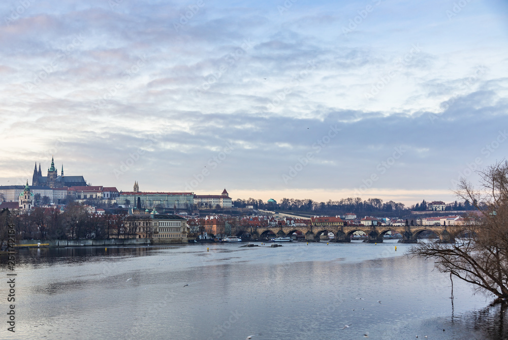 View of the Vltava River, Charles Bridge and St. Vitus Cathedral in Prague