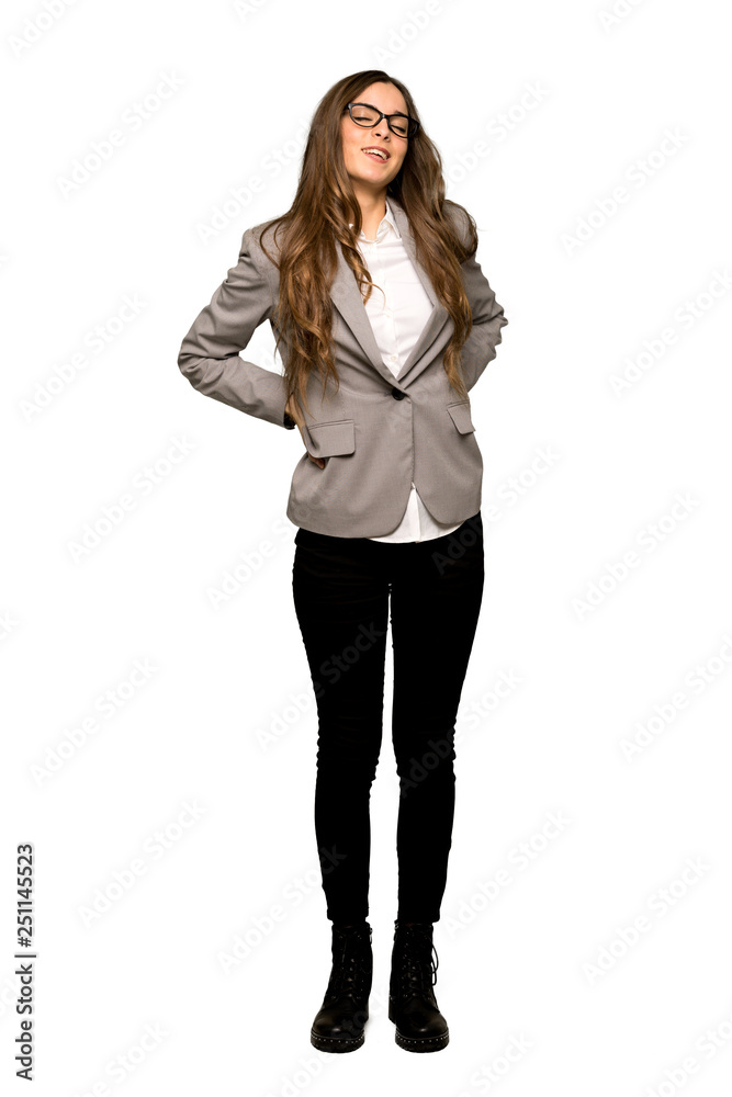 Full-length shot of Business woman suffering from backache for having made an effort on isolated white background Full-length shot of Business woman suffering from backache for having made an effort on isolated white background