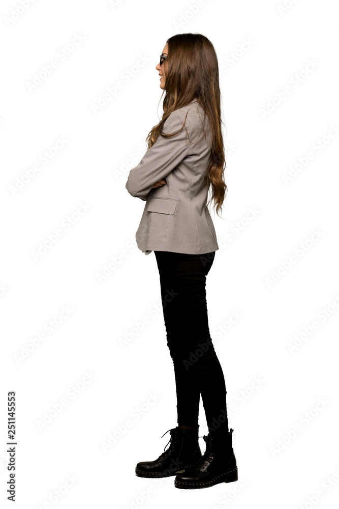 Full-length shot of Business woman in lateral position on isolated white background Full-length shot of Business woman in lateral position on isolated white background