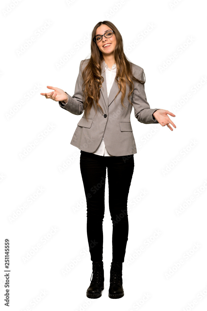 Full-length shot of Business woman smiling on isolated white background Full-length shot of Business woman smiling on isolated white background