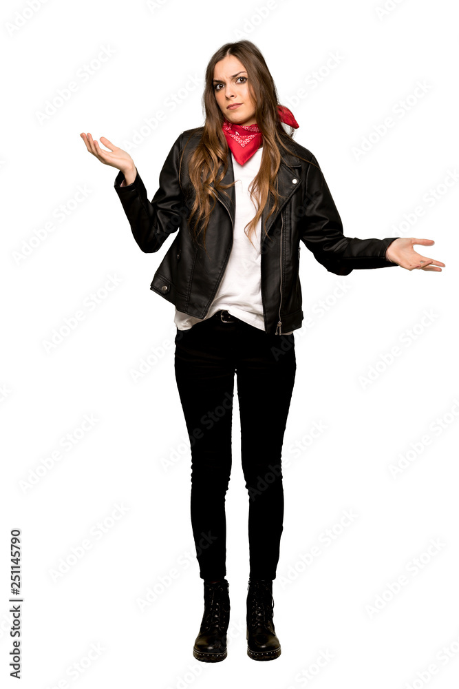 Full-length shot of Young woman with leather jacket unhappy and frustrated with something because not understand something on isolated white background