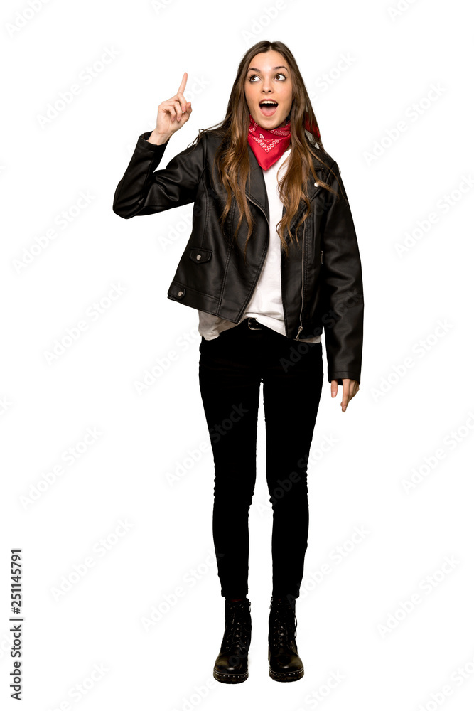 Full-length shot of Young woman with leather jacket intending to realizes the solution while lifting a finger up on isolated white background Full-length shot of Young woman with leather jacket intending to realizes the solution while lifting a finger up on isolated white background