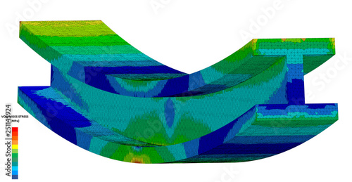 3D Illustration. Narrow isometric view of a Von Mises stress plot of an I Beam in bending photo