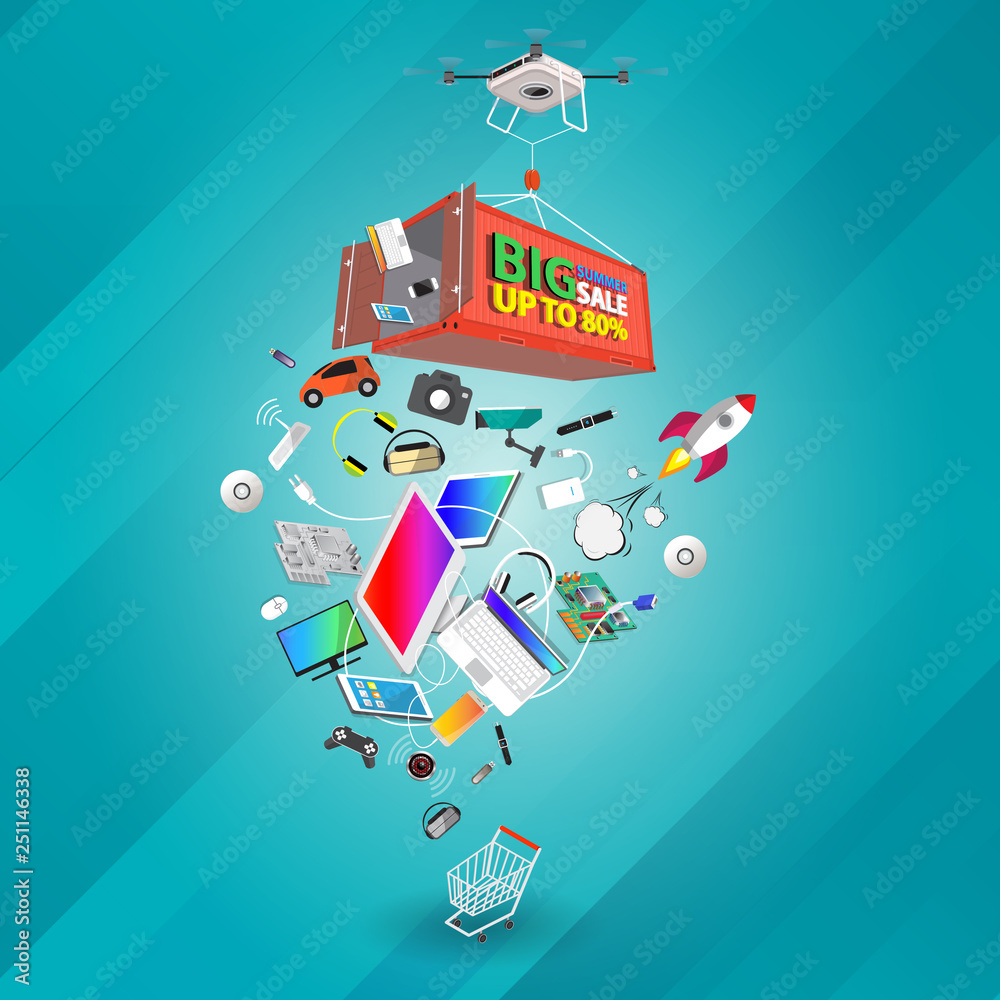 Isometric big summer sale computer appliances and technology banner design on drone vector illustration.