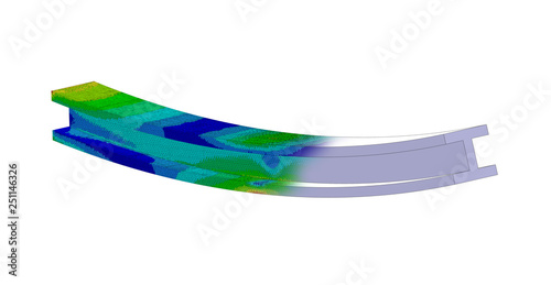 3D Illustration. Wide isometric view of a Von Mises stress plot and CAD model blend of an I Beam in bending