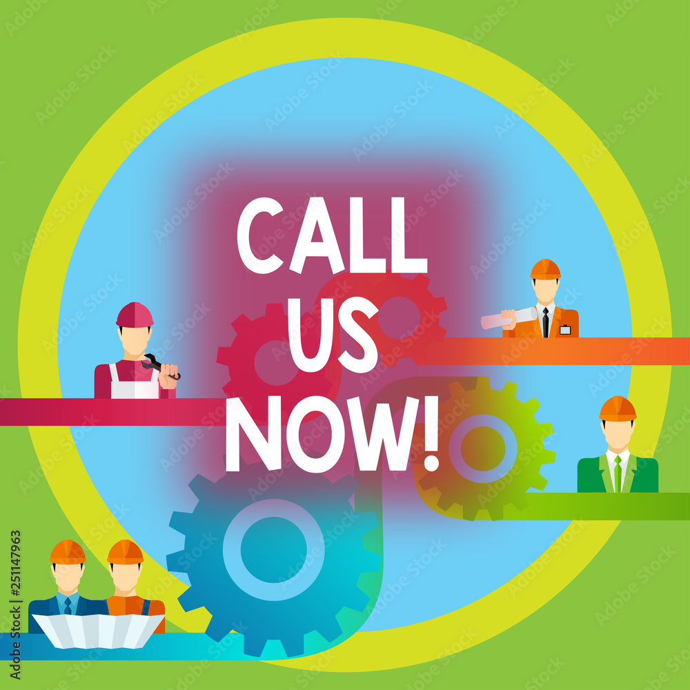 Naklejka premium Word writing text Call Us Now. Business concept for Communicate by telephone to contact help desk support assistance
