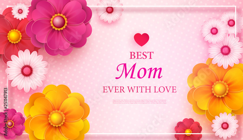 Mother s Day greeting card with square frame and paper cut flowers on colorful modern geometric background. Vector illustration. Place for your text.