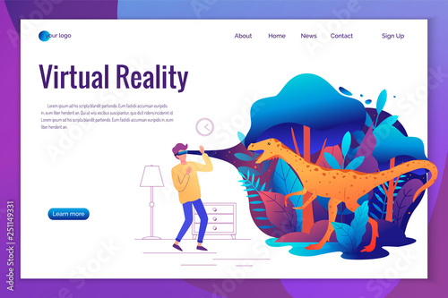 Man experiencing virtual reality game wearing vr goggles. Vector illustration.
