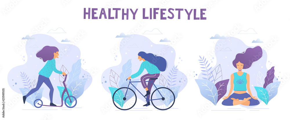 Healthy lifestyle vector illustrations. Bicycle, kick scooter, meditating