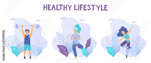 Healthy lifestyle vector illustrations. Bodybuilding  yoga  dancing