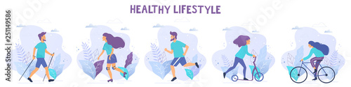 Healthy lifestyle vector illustrations. Nordic walking, running, roller skates, kick scooter, bicycle