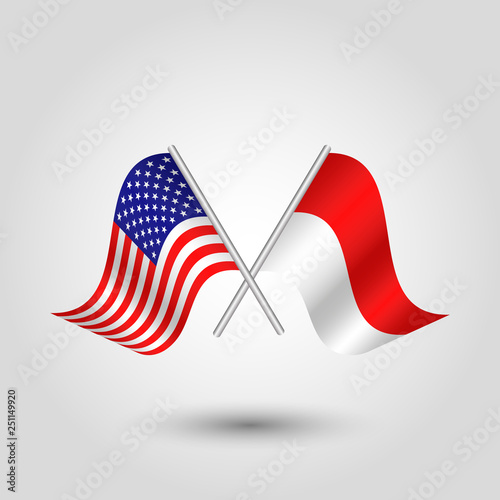 vector two crossed american and indonesian flags on silver sticks - symbol of united states of america and indonesia