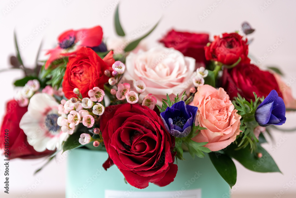 Close up of beautiful bouquet of flowers in a box Close up of beautiful bouquet of flowers in a box