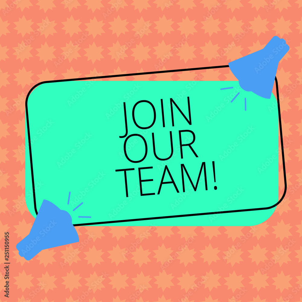 Writing note showingJoin Our Team. Business photo showcasing Allied Associate Work with us New Employee Hired Enlist Two Megaphone with Sound icon on Color Outlined Rectangular Shape Writing note showingJoin Our Team. Business photo showcasing Allied Associate Work with us New Employee Hired Enlist Two Megaphone with Sound icon on Color Outlined Rectangular Shape