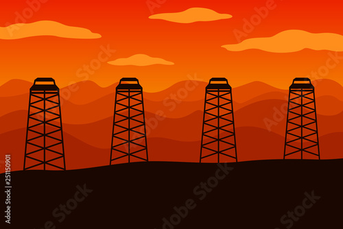 Oil derricks in a row. Oilfield in desert with mountains. Vector illustration.