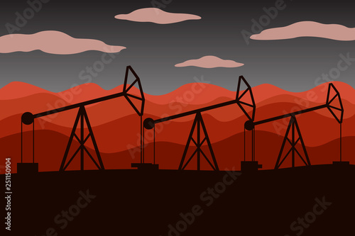 Oil pumping in desert with mountains. Vector illustration.