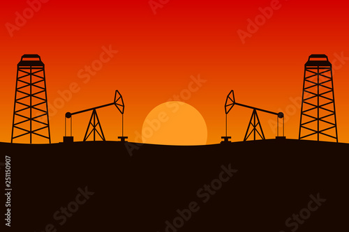 Oil field. Sunset in desert. Vector illustration.
