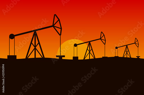 Oilfield in desert. Pumpjacks in a row. Vector illustration.
