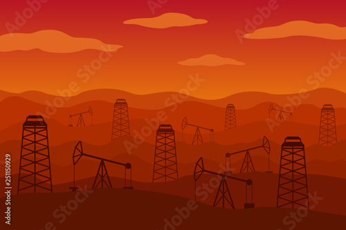 Horse head oil pumps and derricks in desert. Vector illustration.
