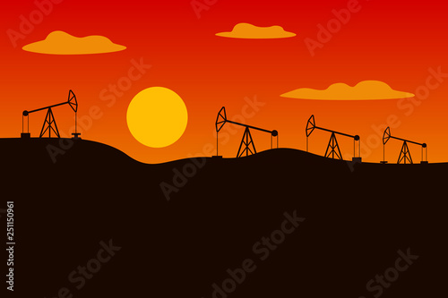 Horse head oil pumps. Sunrise in desert. Oilfield view. Vector illustration.