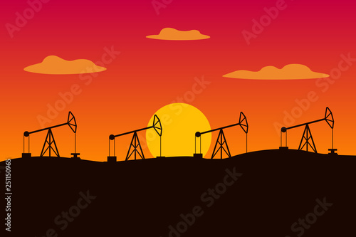 Pumpjacks in a row. Oilfield view. Sunset in desert. Vector illustration.