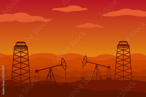 Oilfield in desert. Vector illustration.